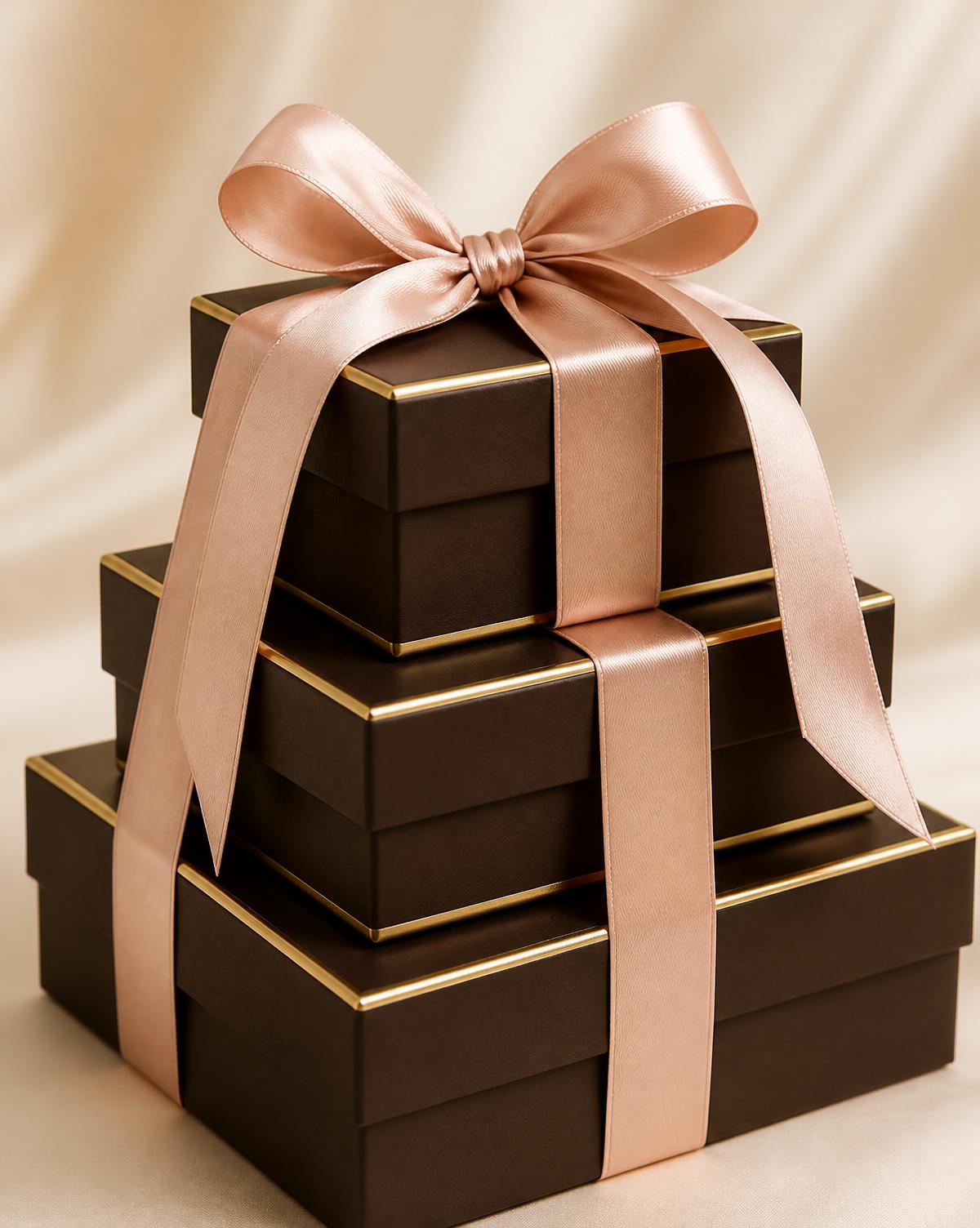 Stacked chocolate gift boxes finished with blush ribbon