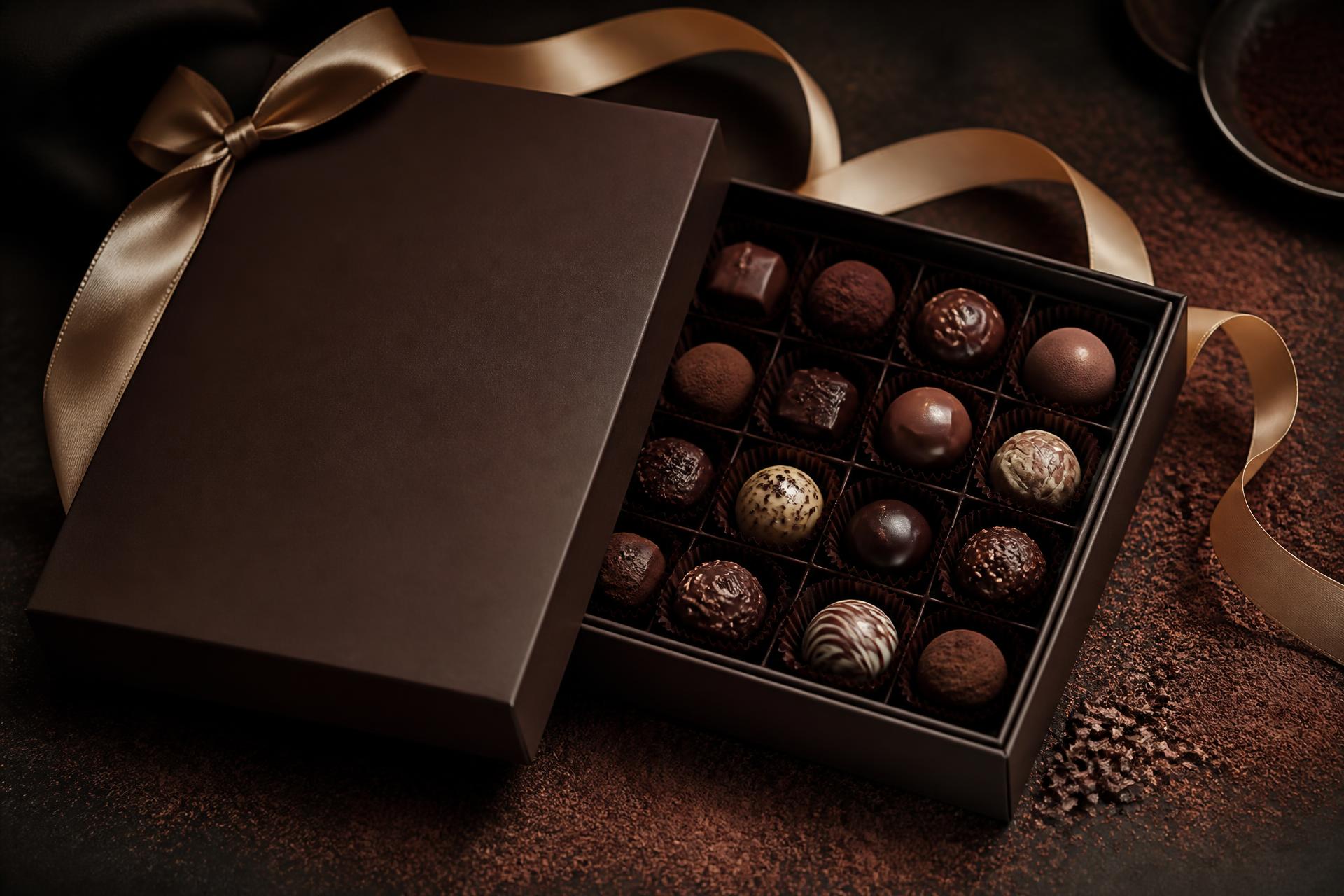Open luxury chocolate gift box filled with assorted handmade chocolates